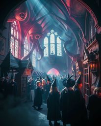 Discover a dreamlike, surreal image of a magical school brimming with young wizards. This captivating artwork features strik