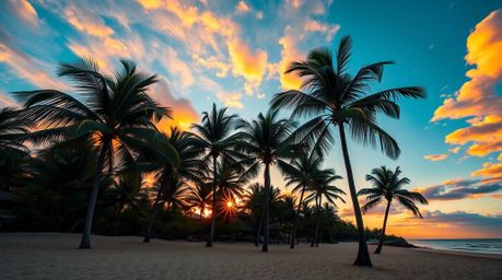 Experience the serenity of a tropical beach sunset captured from a high-angle perspective. This stunning photograph features 