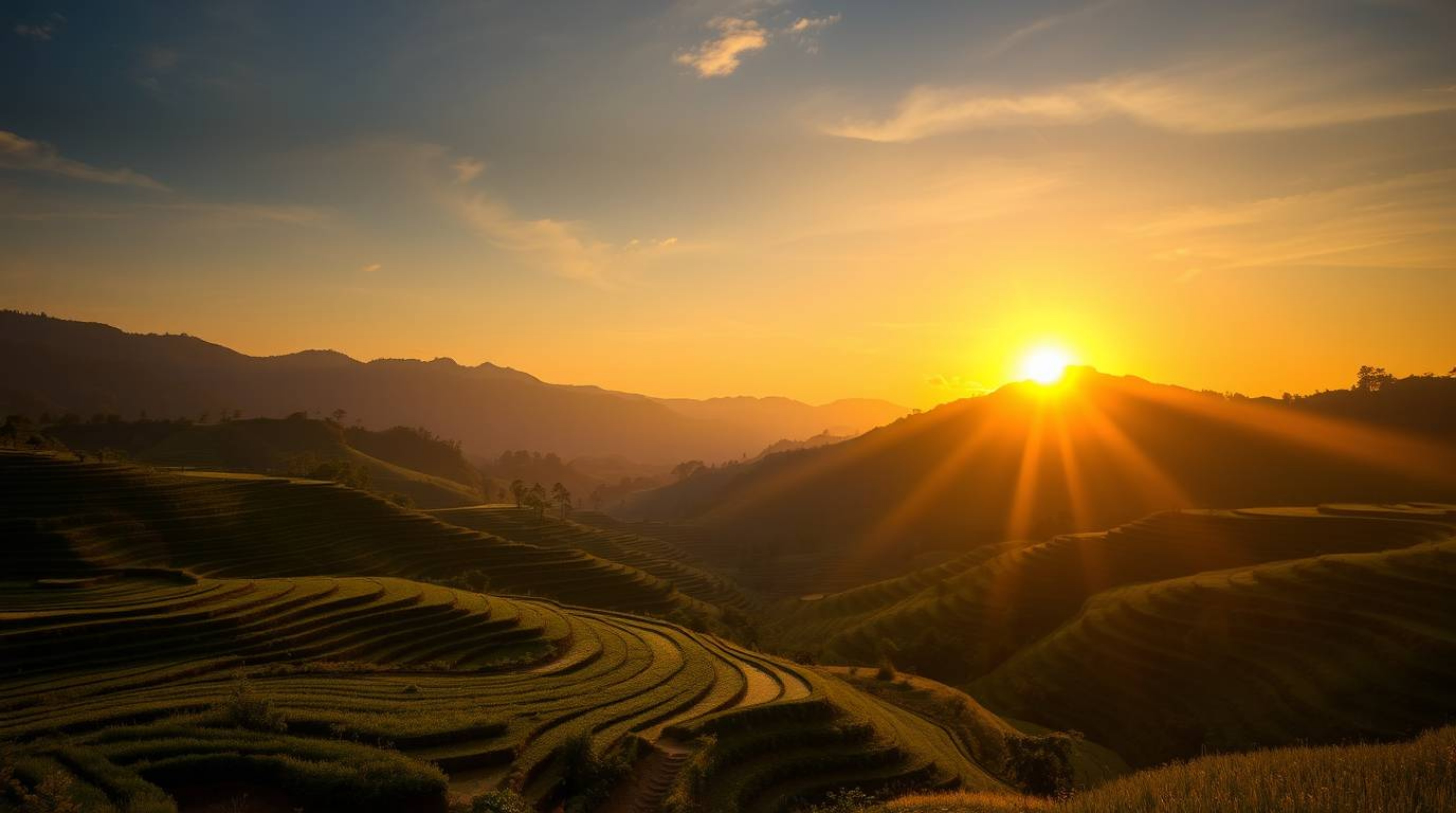 This photograph captures a breathtaking sunset over vibrant rice terraces nestled in the mountains. The image is characterize