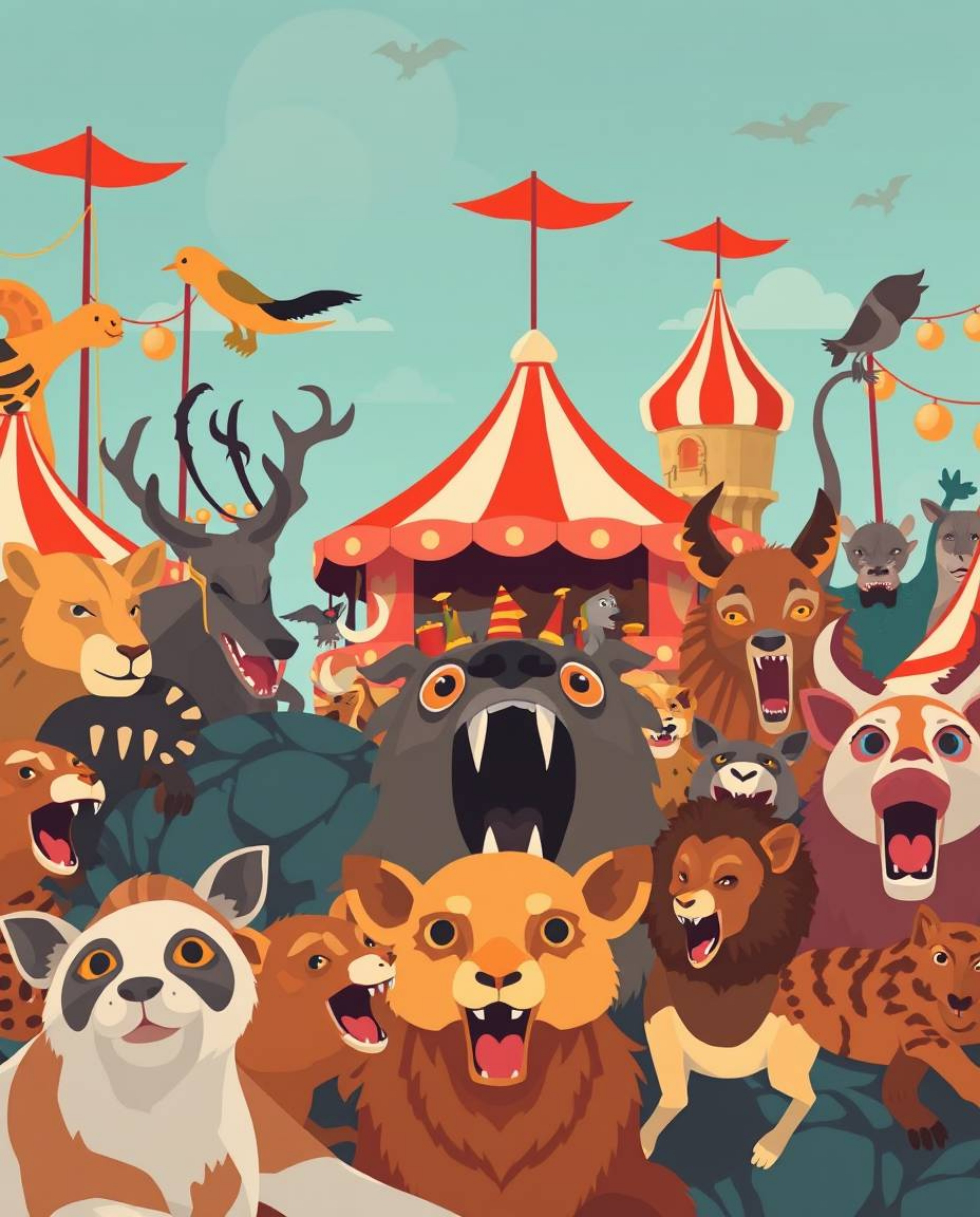 A tight close-up, modern flat design illustration depicts a carnival dramatically overtaken by wild animals. The artwork util
