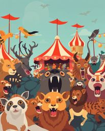 A tight close-up, modern flat design illustration depicts a carnival dramatically overtaken by wild animals. The artwork util