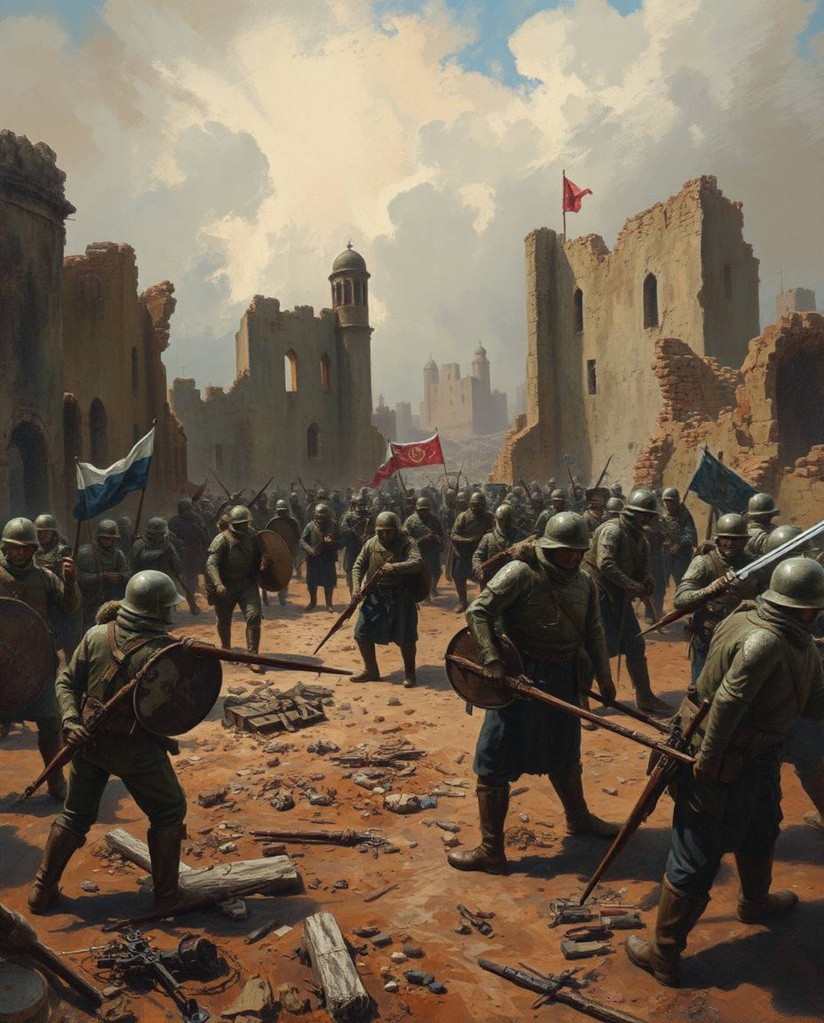 Explore a time-bending battlefield depicted in a classic oil painting style. This image showcases soldiers caught in a tempor