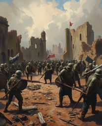 Explore a time-bending battlefield depicted in a classic oil painting style. This image showcases soldiers caught in a tempor