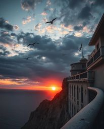 This is a precise architectural color photograph capturing a dramatic cinematic sunset over a coastal cliff, with soaring bir