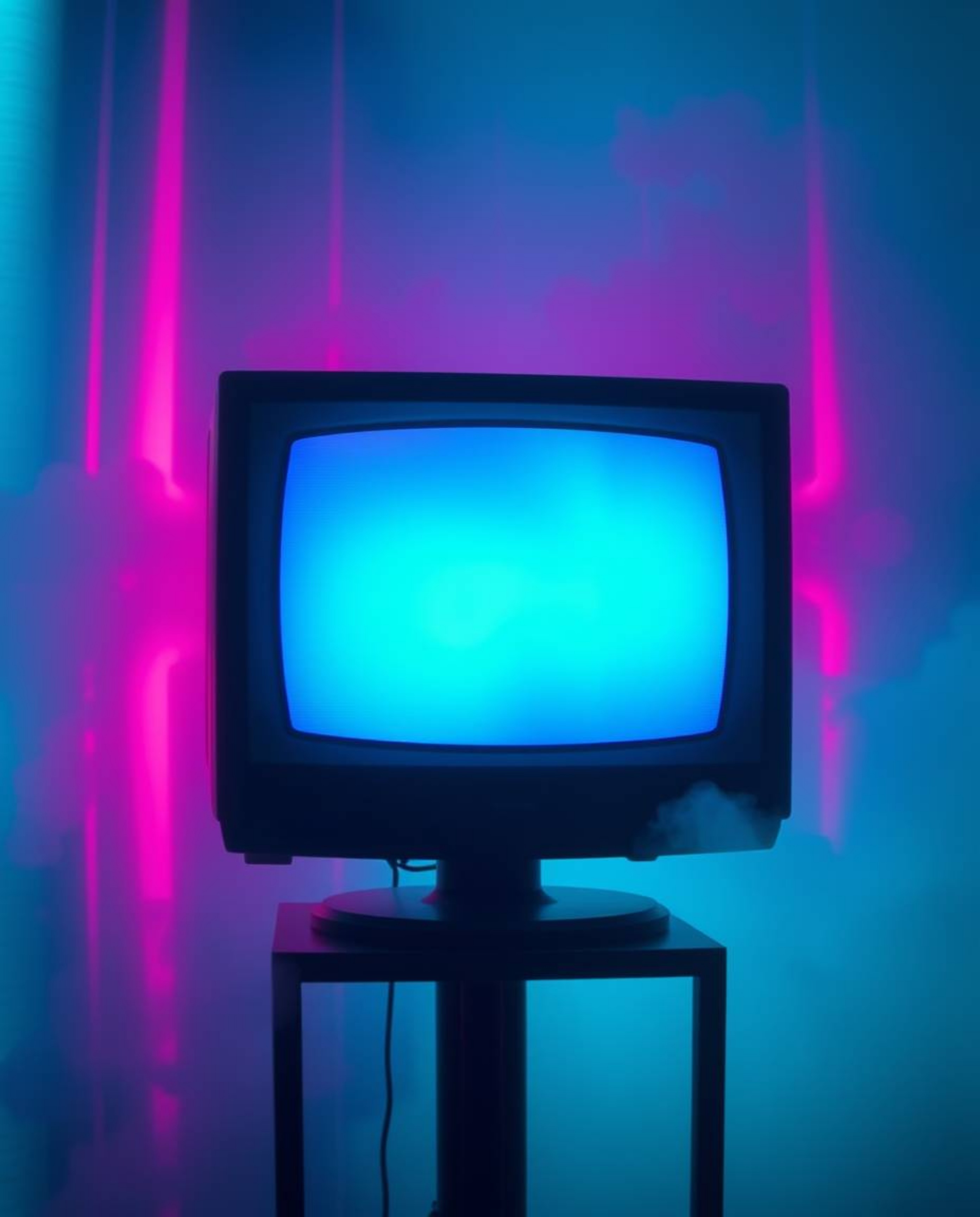A captivating image showcasing a retro-style TV screen glitch with vibrant RGB separation, enveloped in a soft cinematic teal