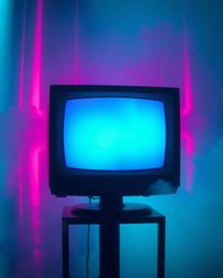 A captivating image showcasing a retro-style TV screen glitch with vibrant RGB separation, enveloped in a soft cinematic teal