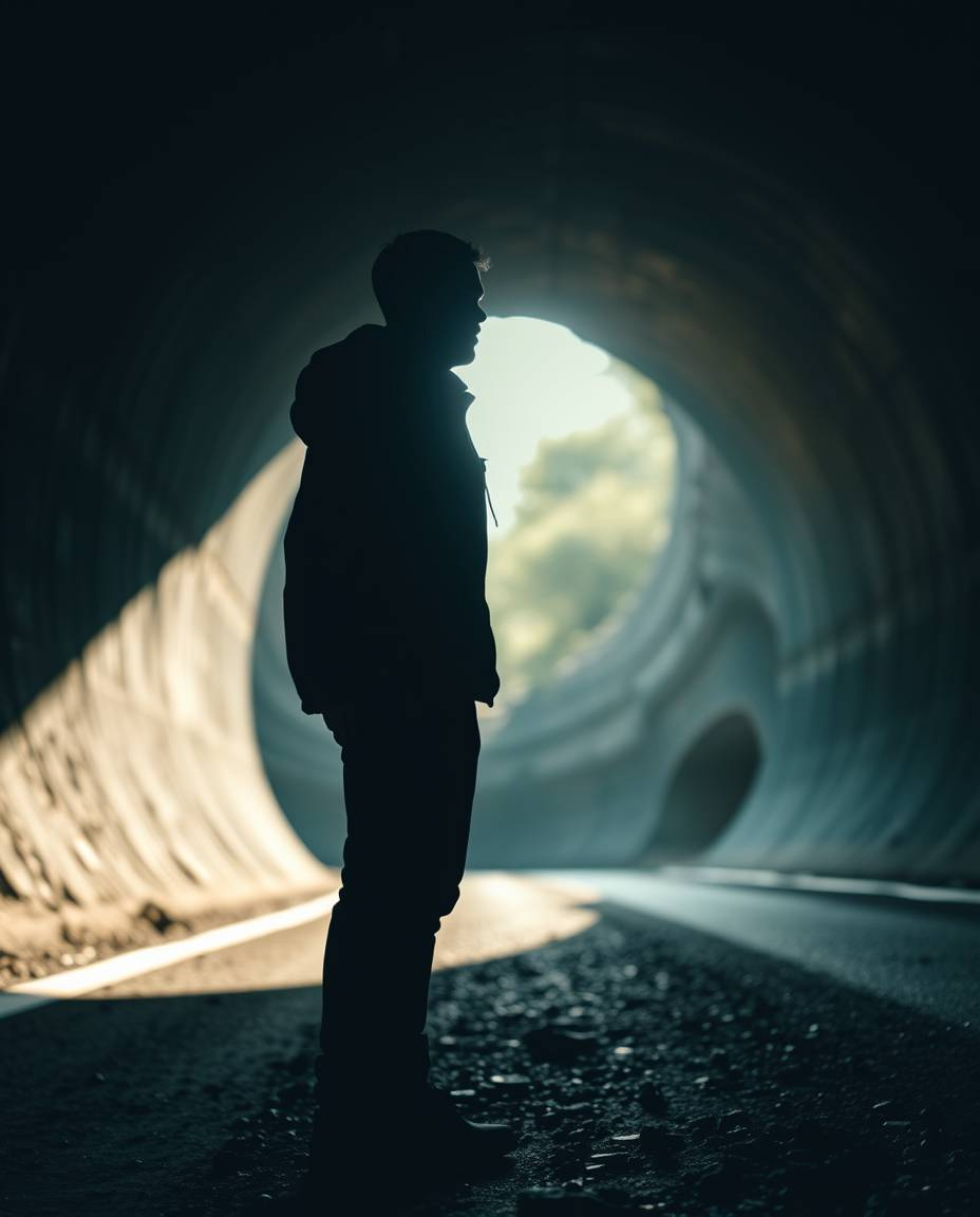An extreme macro close-up capturing a person with indistinct features standing at the edge of a tunnel, gazing towards the li
