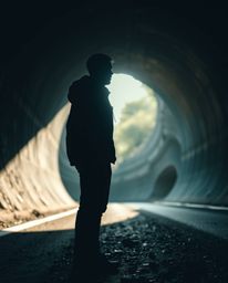 An extreme macro close-up capturing a person with indistinct features standing at the edge of a tunnel, gazing towards the li