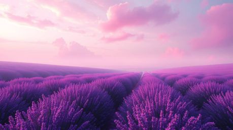 Immerse yourself in a digital painting of lavender fields bathed in the soft glow of a dreamy pink sky. This artwork showcase
