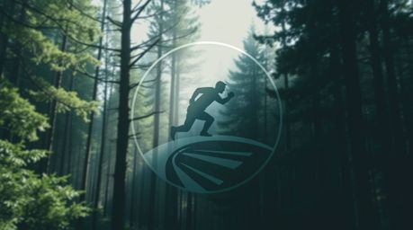 This geometric logo design features a dynamic chase through a looping forest, achieved with strong hard light, clean lines, a