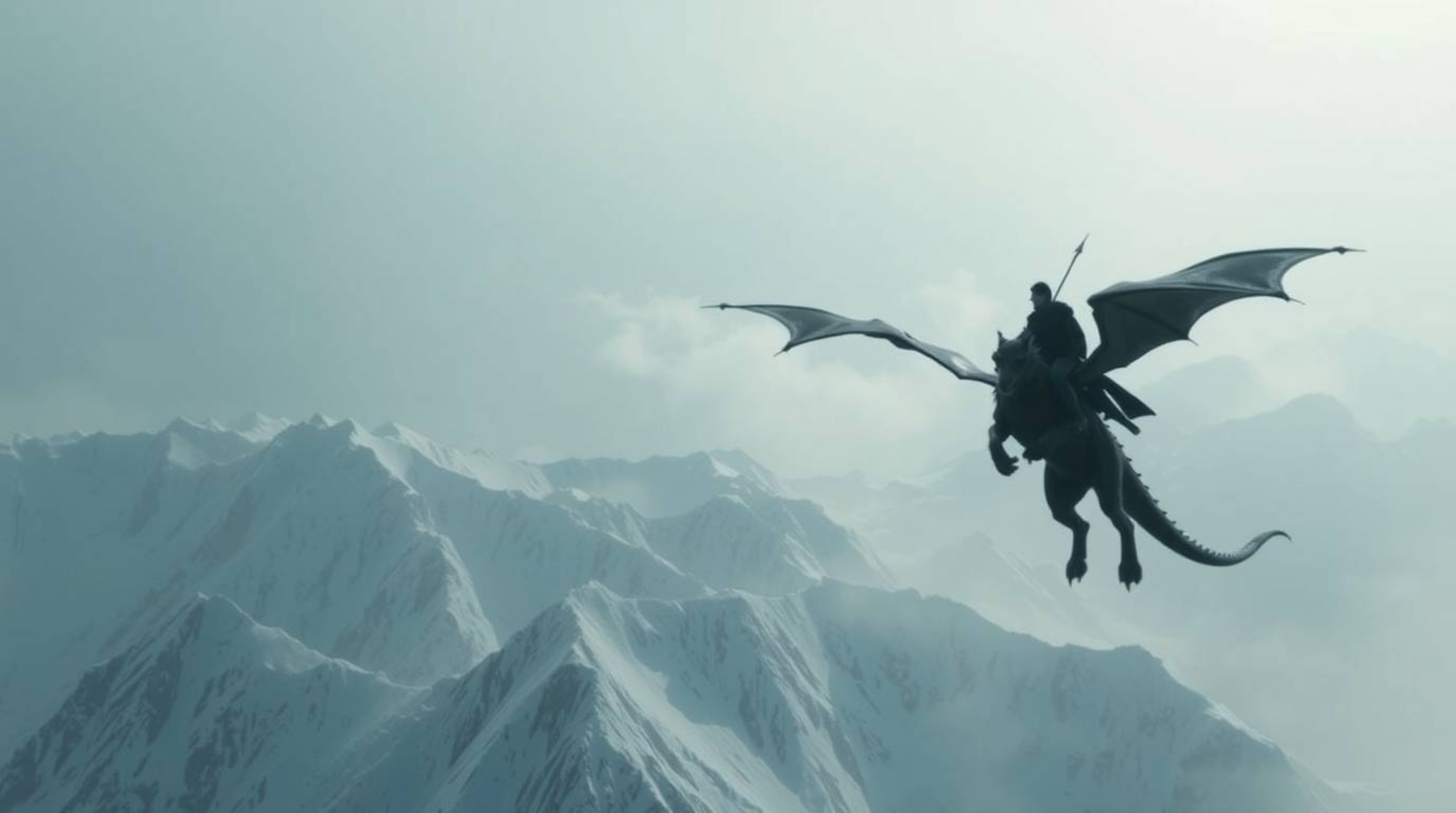 Experience the majestic sight of a dragon and its rider soaring above the icy peaks, captured in a stunning cinematic image. 