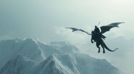 Experience the majestic sight of a dragon and its rider soaring above the icy peaks, captured in a stunning cinematic image. 