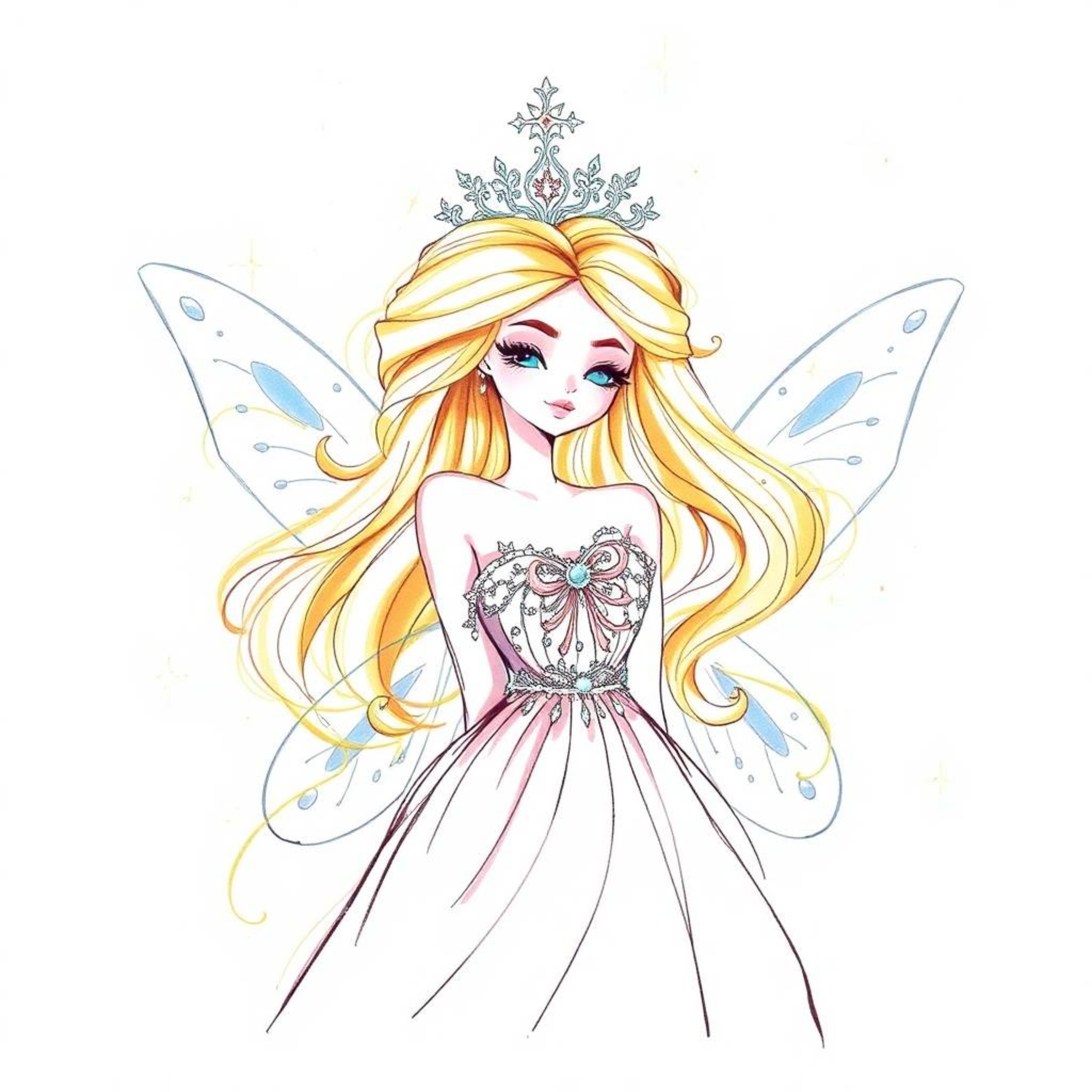 A captivating hand-drawn sketch of a graceful and elegant fairy godmother.  Rendered in a color sketchnote style, she possess