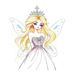 A captivating hand-drawn sketch of a graceful and elegant fairy godmother. Rendered in a color sketchnote style, she possess
