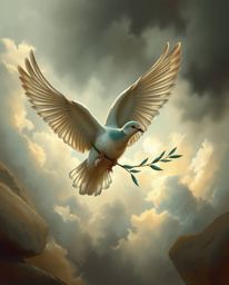 A classic oil painting depicts a dove carrying an olive branch, soaring through turbulent stormy skies.  Viewed from overhead