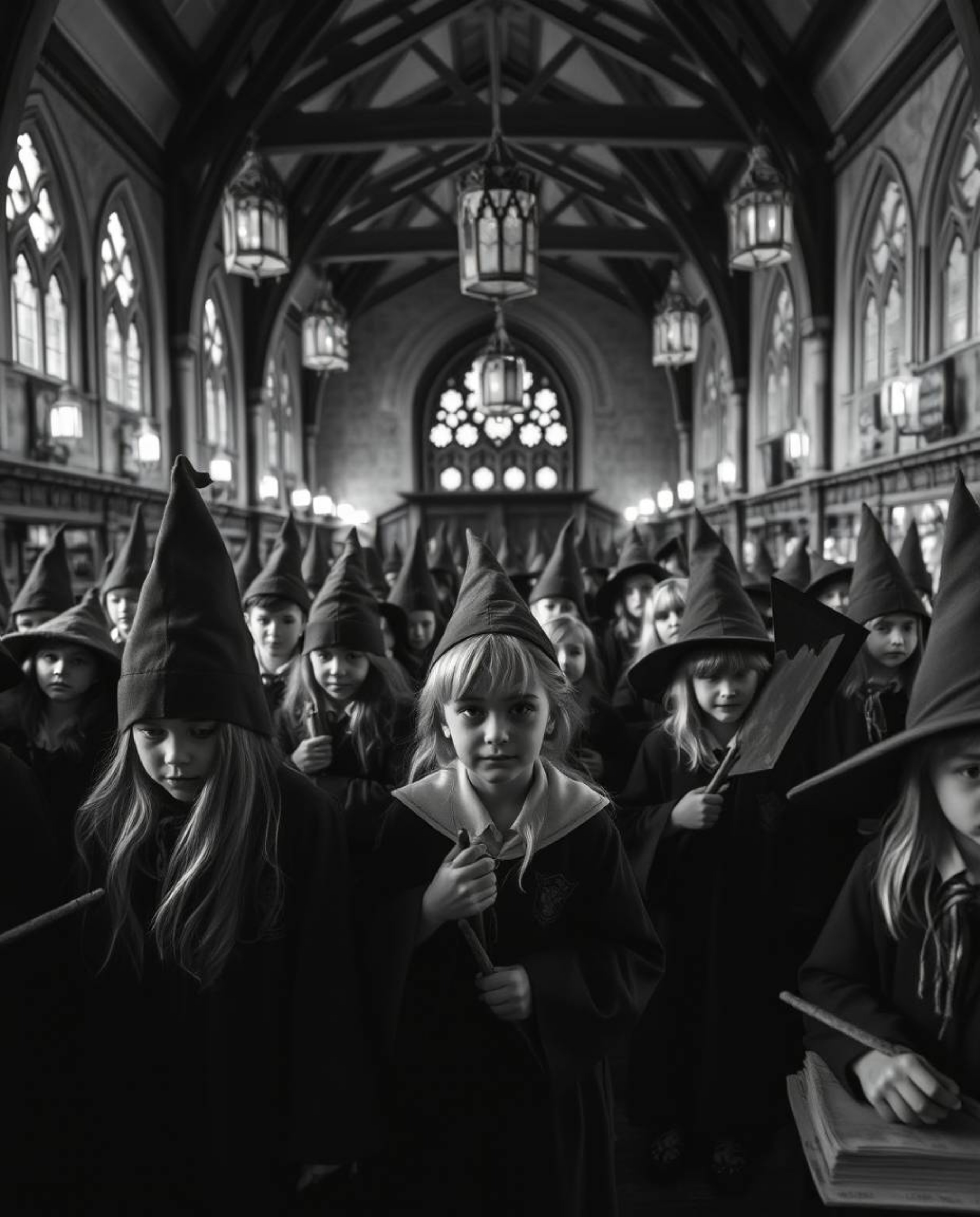 Experience an extraordinary macro view of a magical academy teeming with young wizards. This classic black and white renderin