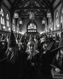 Experience an extraordinary macro view of a magical academy teeming with young wizards. This classic black and white renderin