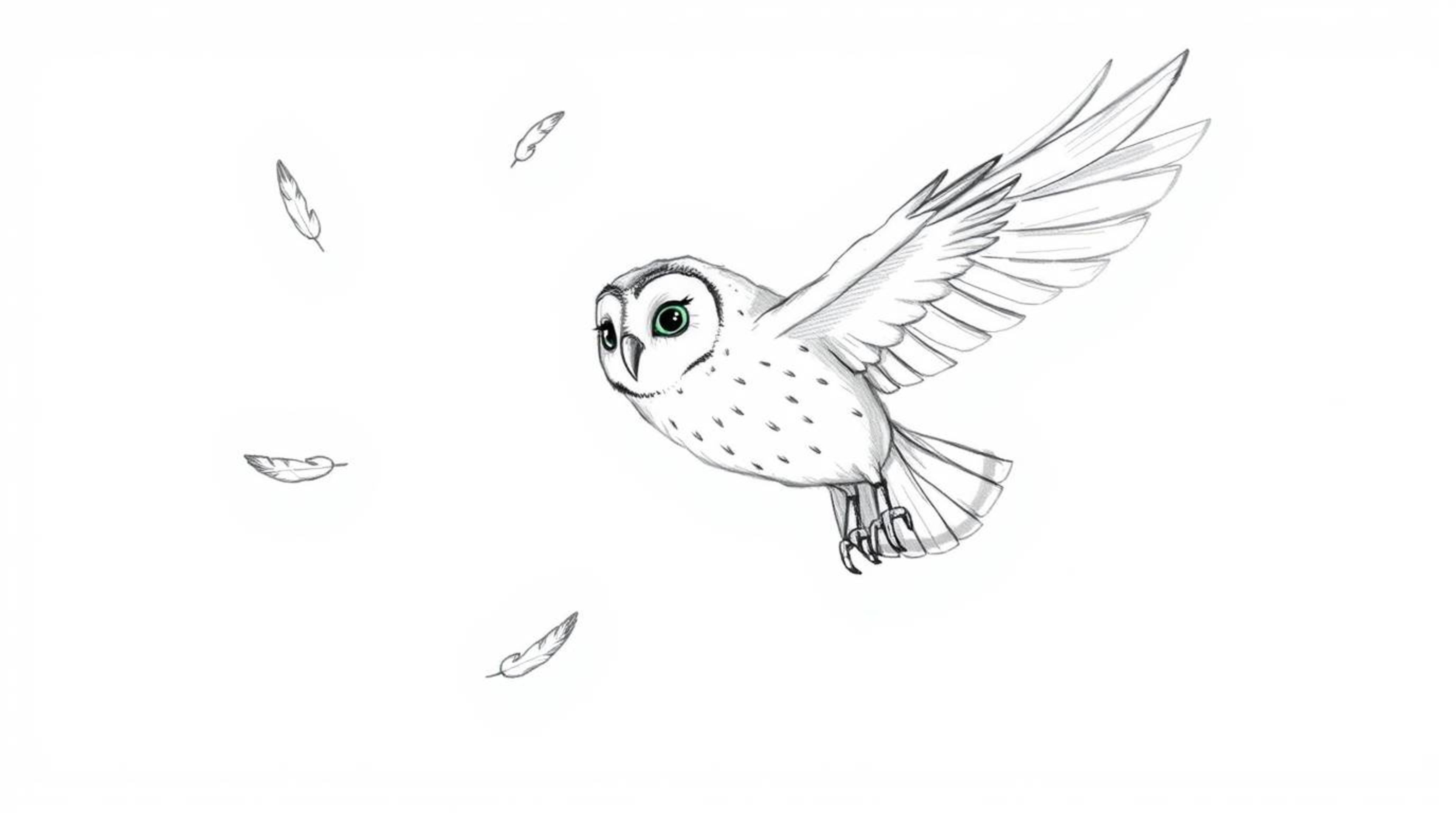A captivating hand-drawn sketch in the style of Pixar depicts a blind owl, its soft feathers ruffled in mid-flight, gracefull
