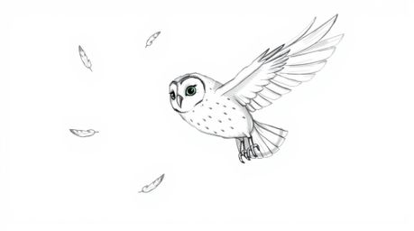 A captivating hand-drawn sketch in the style of Pixar depicts a blind owl, its soft feathers ruffled in mid-flight, gracefull