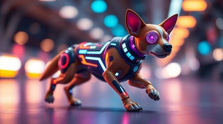 A vibrant and energetic futuristic dog walks itself through the vast expanse of space, captured with sharp focus and a mesmer