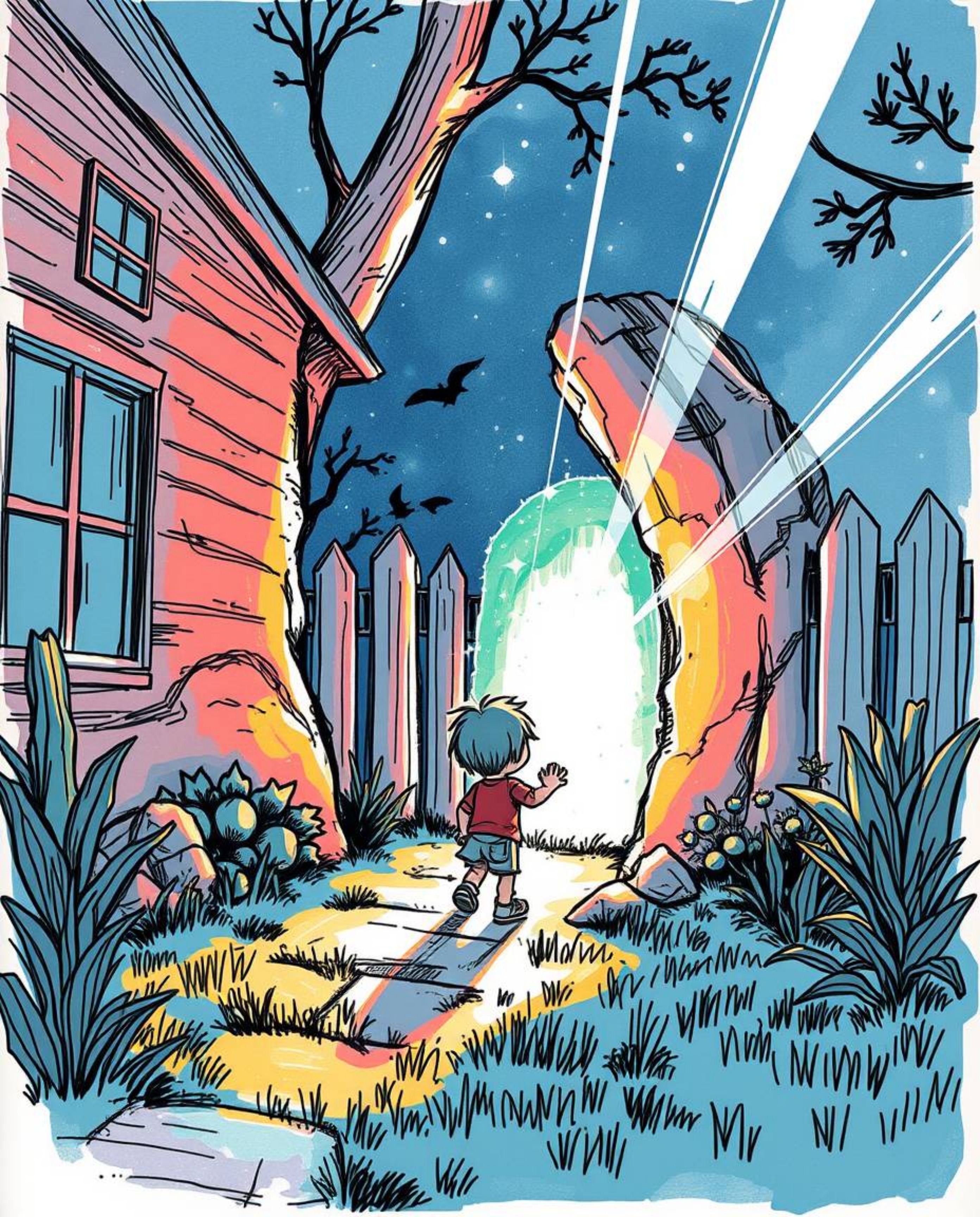 A captivating hand-drawn sketch portrays a child's wondrous discovery of a magical portal hidden in their backyard.  The illu