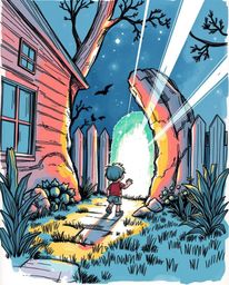A captivating hand-drawn sketch portrays a child's wondrous discovery of a magical portal hidden in their backyard. The illu