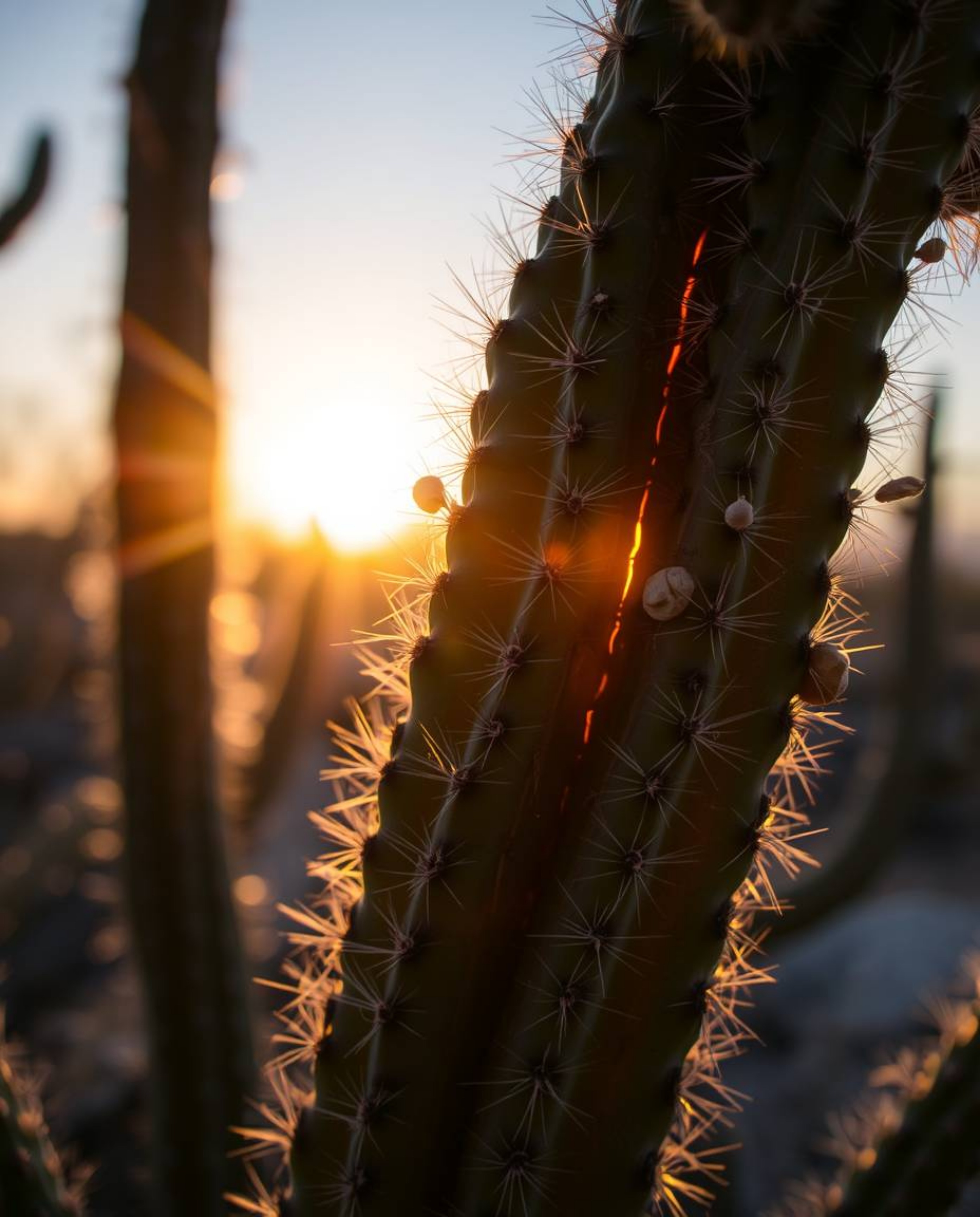 A close-up shot captures a desert cactus glowing in the last rays of the sun, enhanced by creative lighting that forms artist