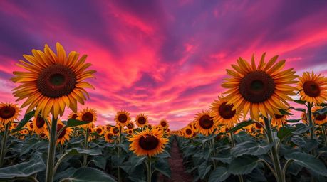 A captivating architectural photograph showcases a charming sunflower field bathed in the golden hour light, set against a dr