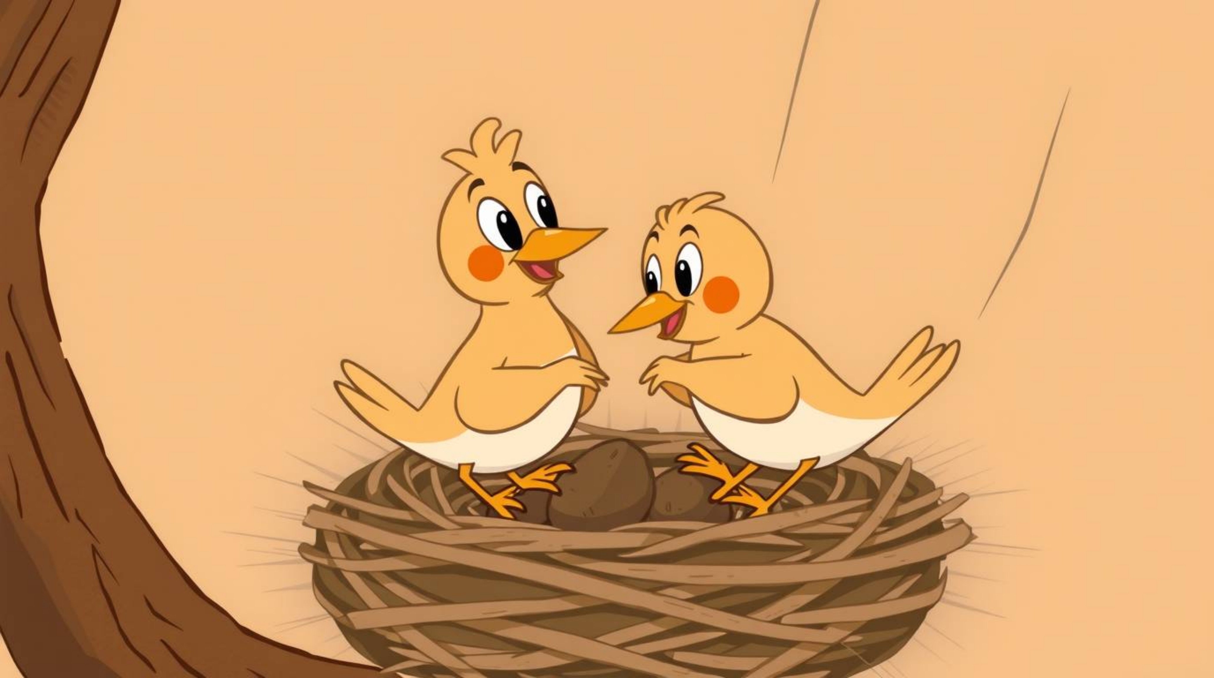 A charming scene depicts two cartoon birds diligently building a nest in a classic animation style. The artwork utilizes natu