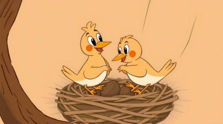 A charming scene depicts two cartoon birds diligently building a nest in a classic animation style. The artwork utilizes natu