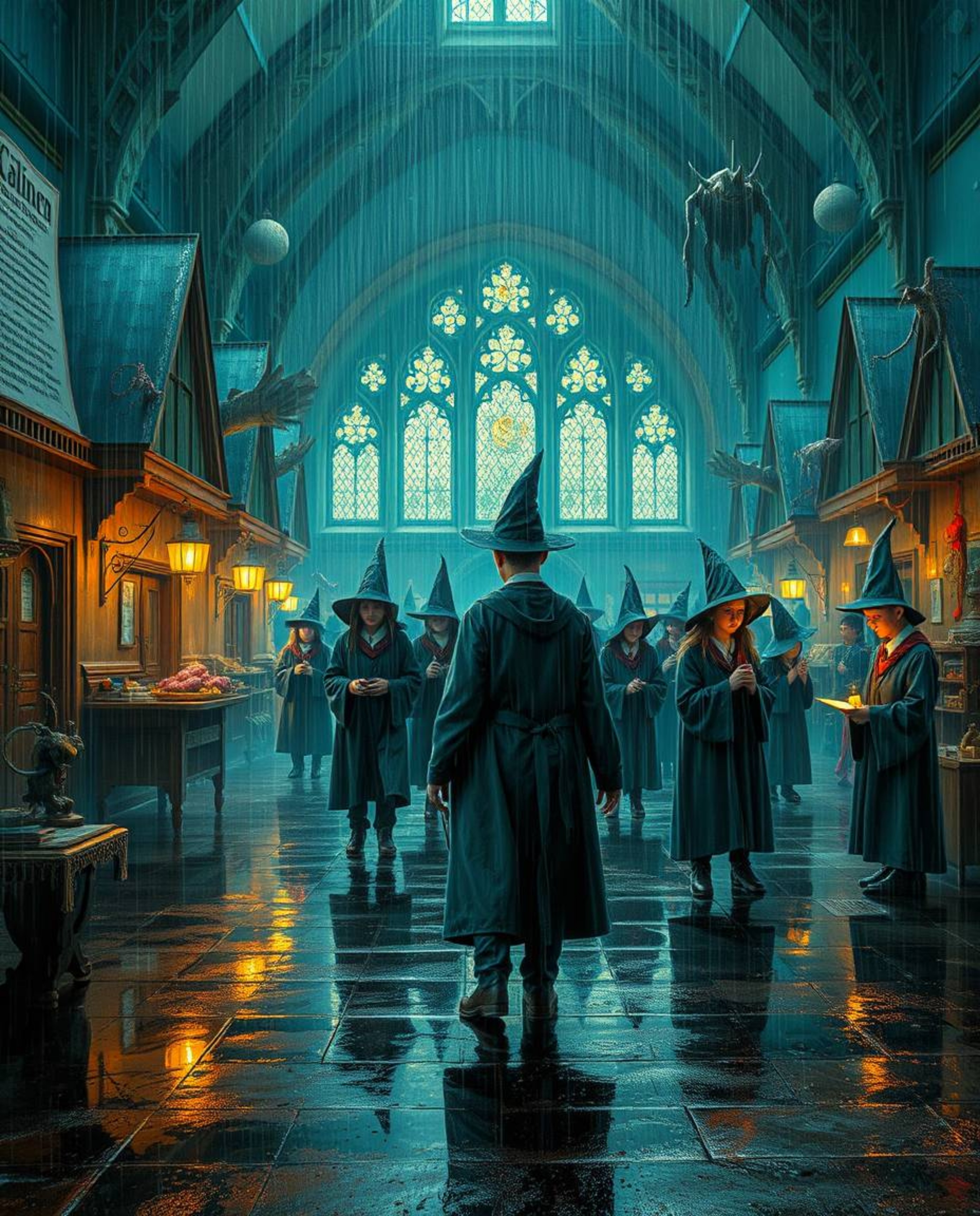 Explore a dreamlike, surreal depiction of a magical school teeming with young wizards, set against a backdrop of a wet, rainy