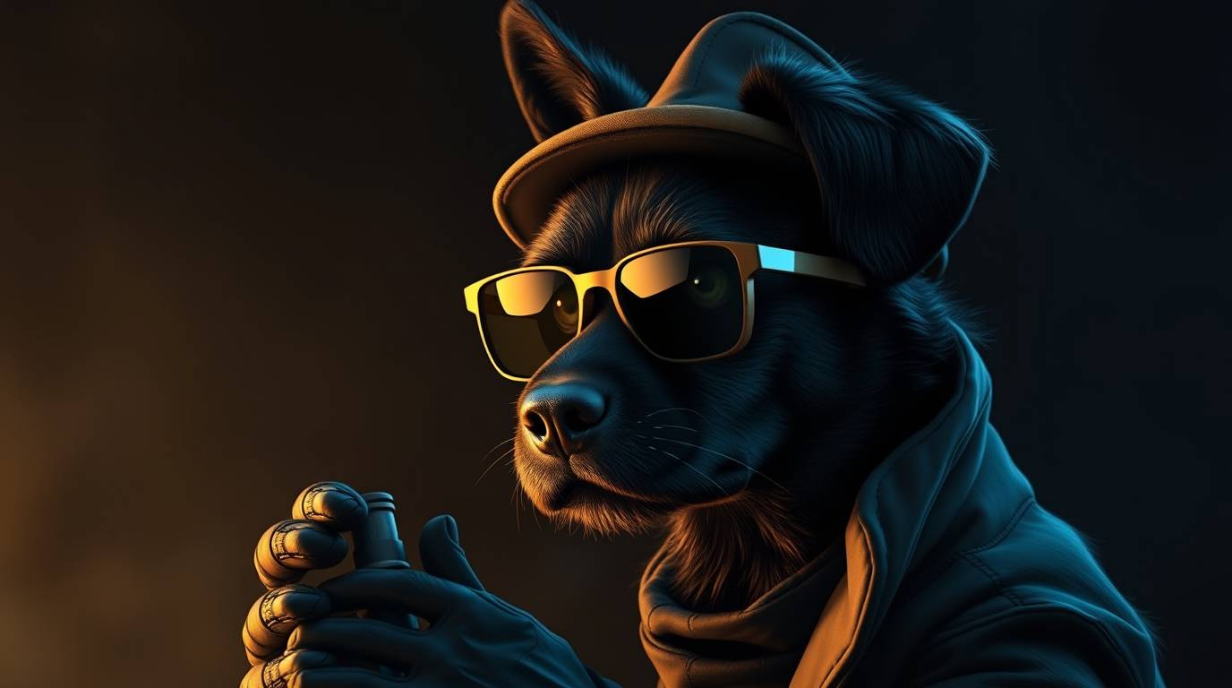 A captivating digital painting showcases a dog detective with intensely black fur, utilizing high-tech gadgets.  The artwork 