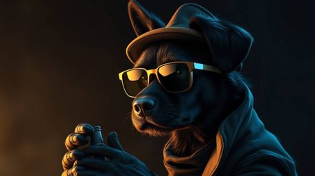 A captivating digital painting showcases a dog detective with intensely black fur, utilizing high-tech gadgets.  The artwork 
