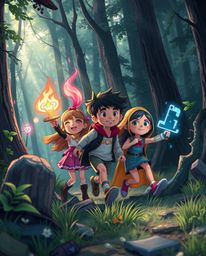 A captivating cinematic illustration depicts a group of friends possessing unique superpowers, embarking on an exciting adven