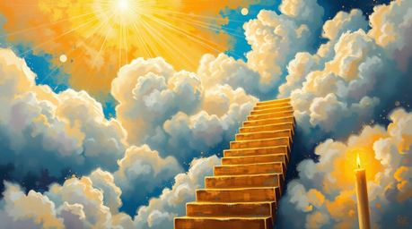 A bold acrylic painting depicts a golden staircase ascending through clouds towards a radiant heaven. Sunlight pierces the sk