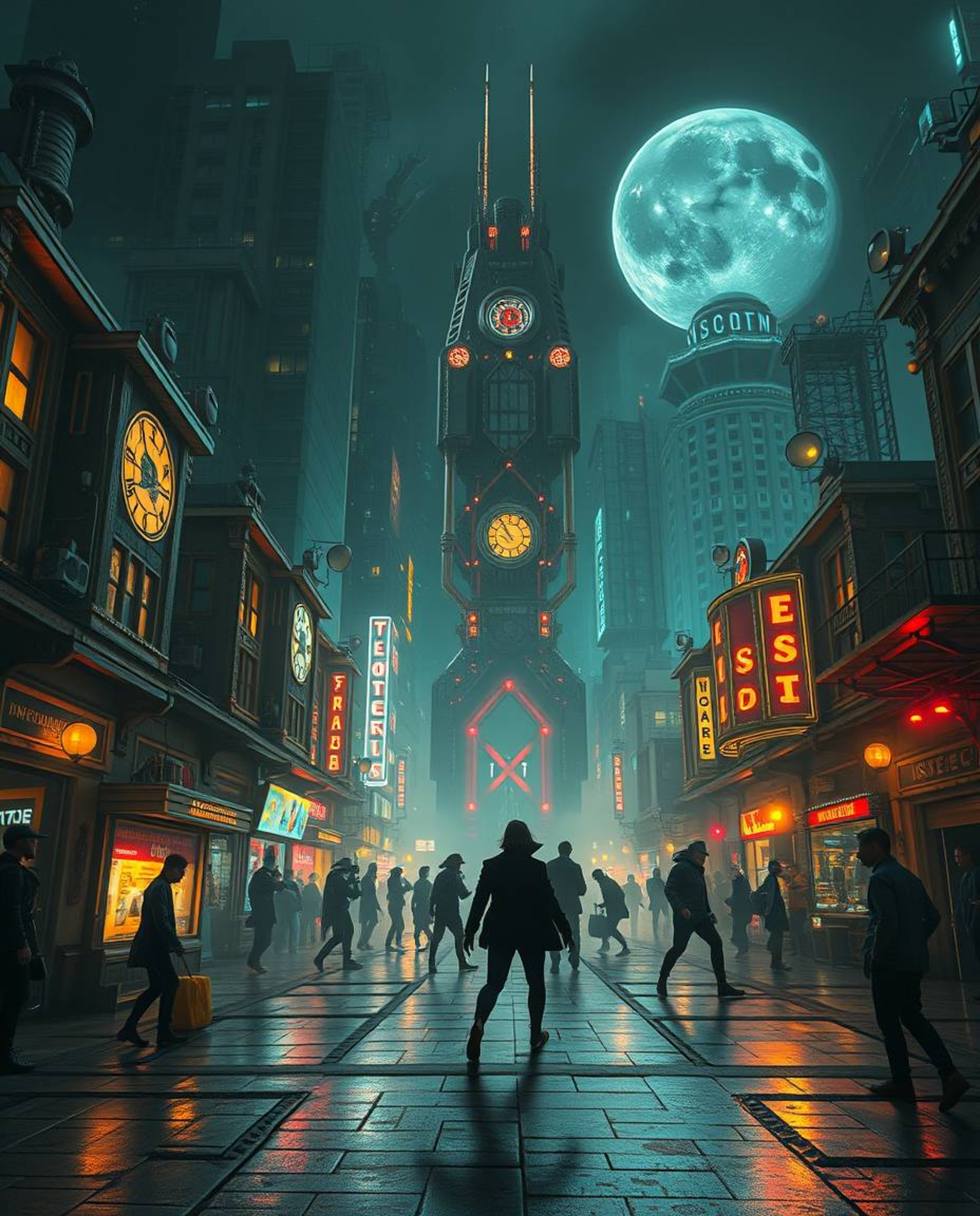 A captivating musical number unfolds in a brightly lit town square, yet the atmosphere is unsettling.  This futuristic sci-fi