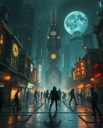 A captivating musical number unfolds in a brightly lit town square, yet the atmosphere is unsettling.  This futuristic sci-fi