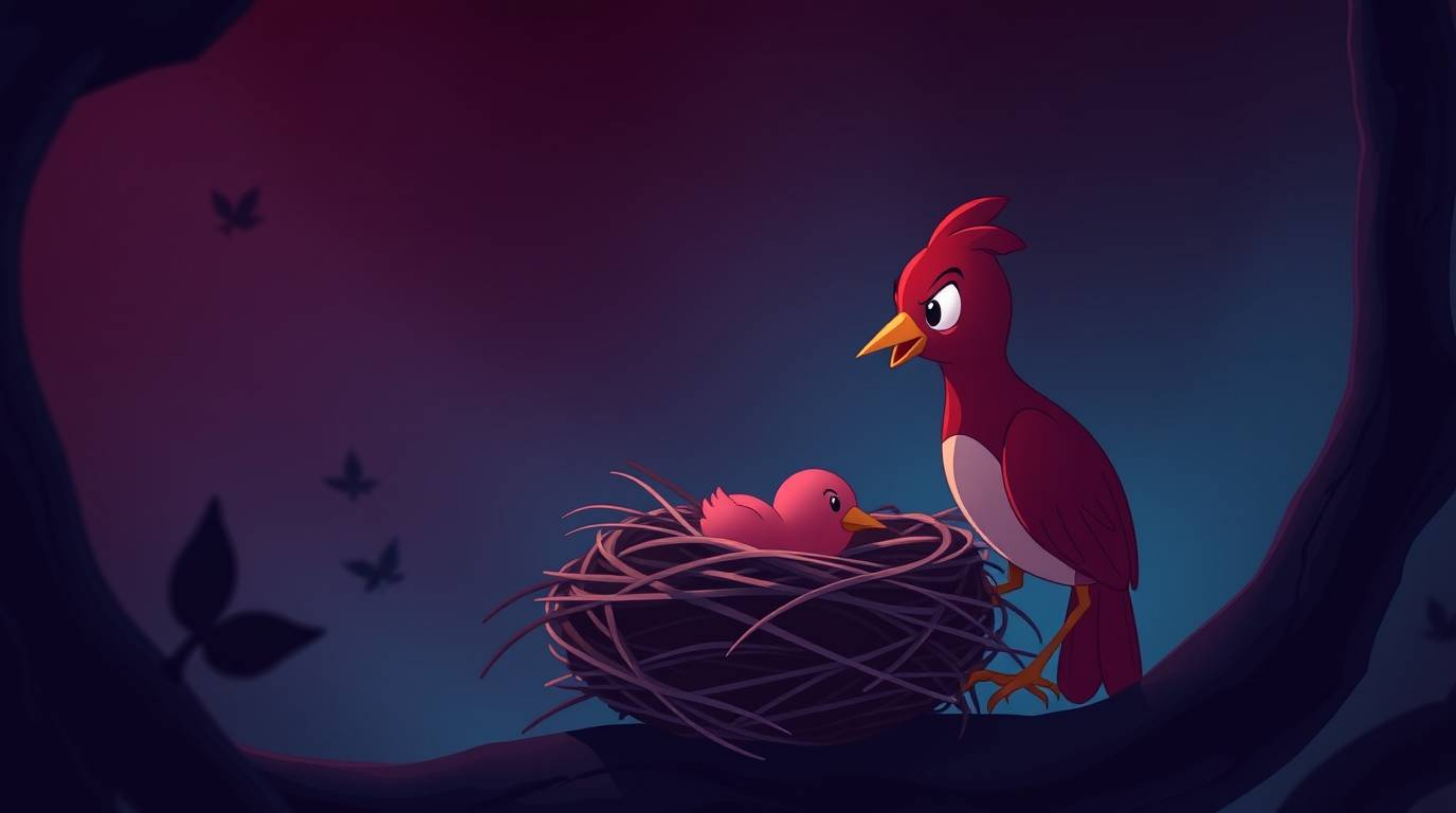A fine art photograph showcasing rich burgundy and deep blue hues captures two cartoon birds diligently building a nest in a
