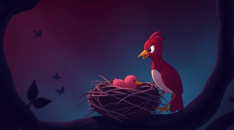 A fine art photograph showcasing rich burgundy and deep blue hues captures two cartoon birds diligently building a nest in a