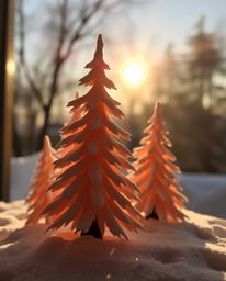 A silhouetted papier-mâché sculpture depicts snowy pine trees against the glow of sunset light. This unique artwork highlight