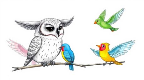 A charming hand-drawn sketch depicts a blind owl with large, expressive ears lovingly teaching brightly colored birds flight