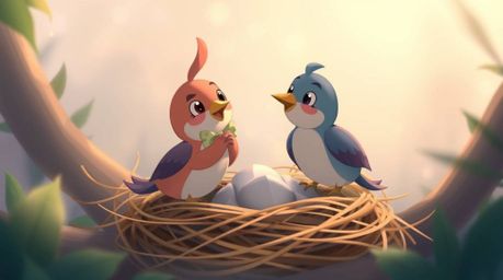 A delightful scene showcasing two cartoon birds diligently building their nest in a classic animation style. The artwork evok