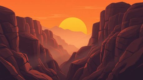 A stunning modern flat design illustration depicts a rocky canyon bathed in the warm hues of a sunset.  Simple two-dimensiona
