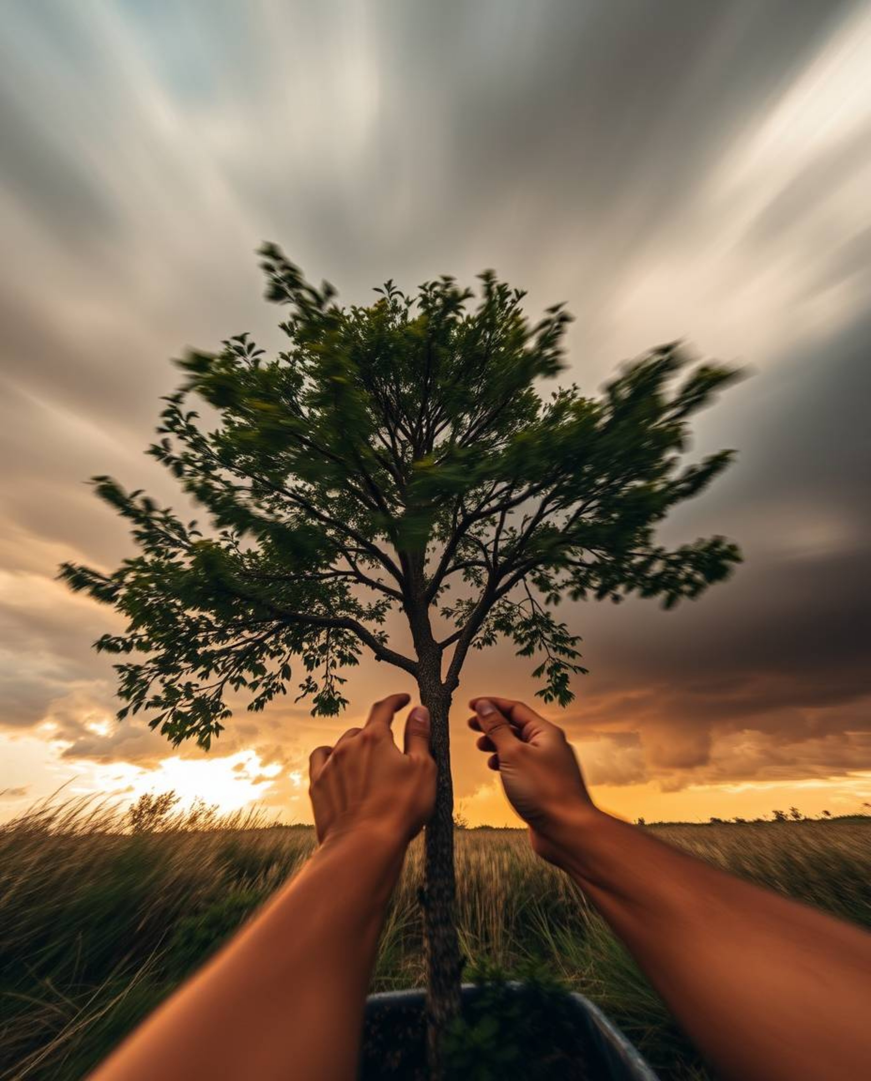 A dramatic long exposure photograph captures the essence of resilience as hands plant a tree under a stormy yet golden sky. T