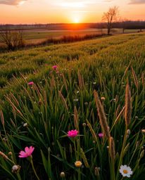A professional-quality, high-resolution stock photo capturing a spring meadow sunset from a high-angle perspective. This uniq