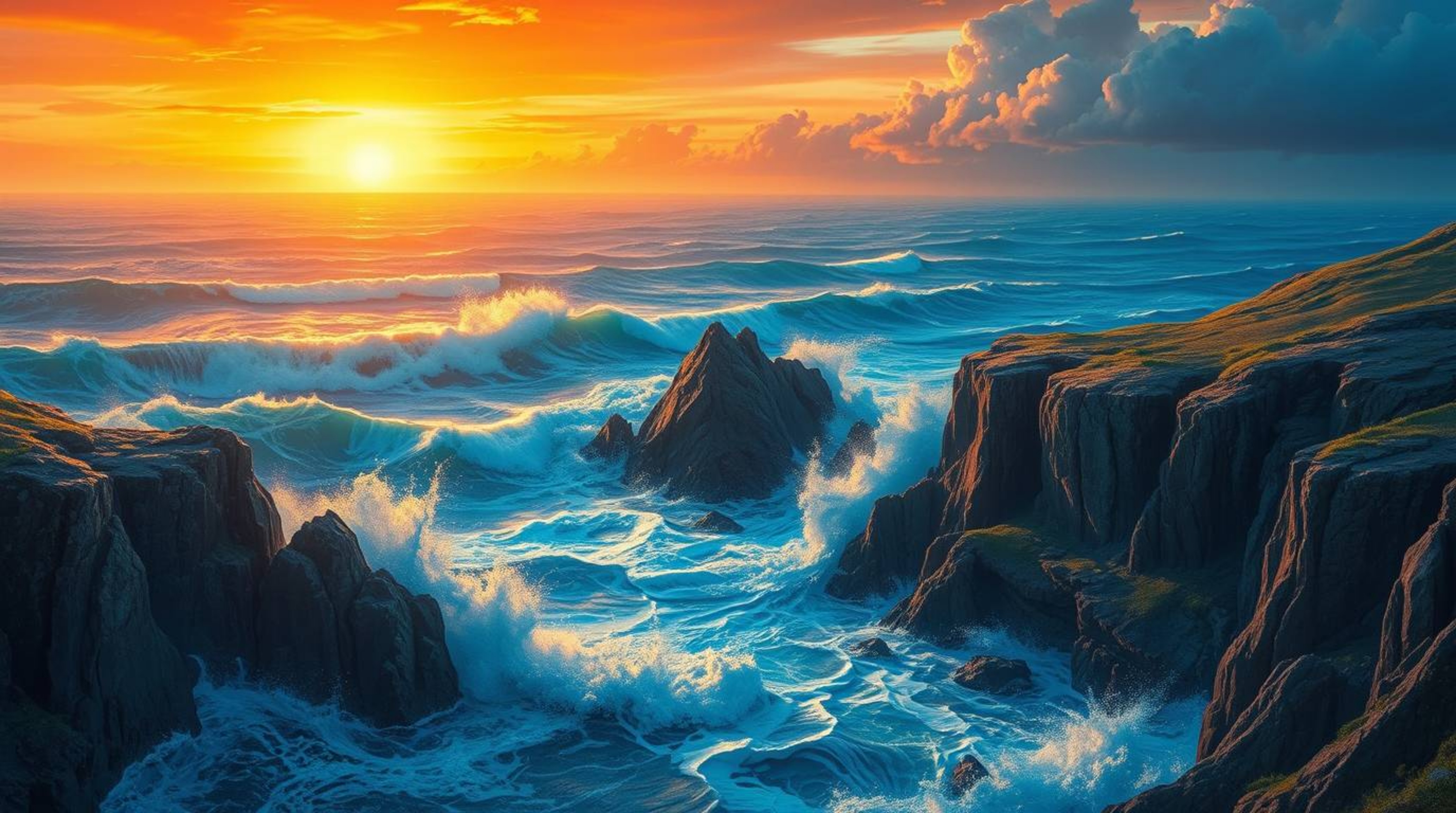 A majestic painting capturing the raw power of waves crashing on cliffs beneath a blazing sunset sky. The artwork blends hero
