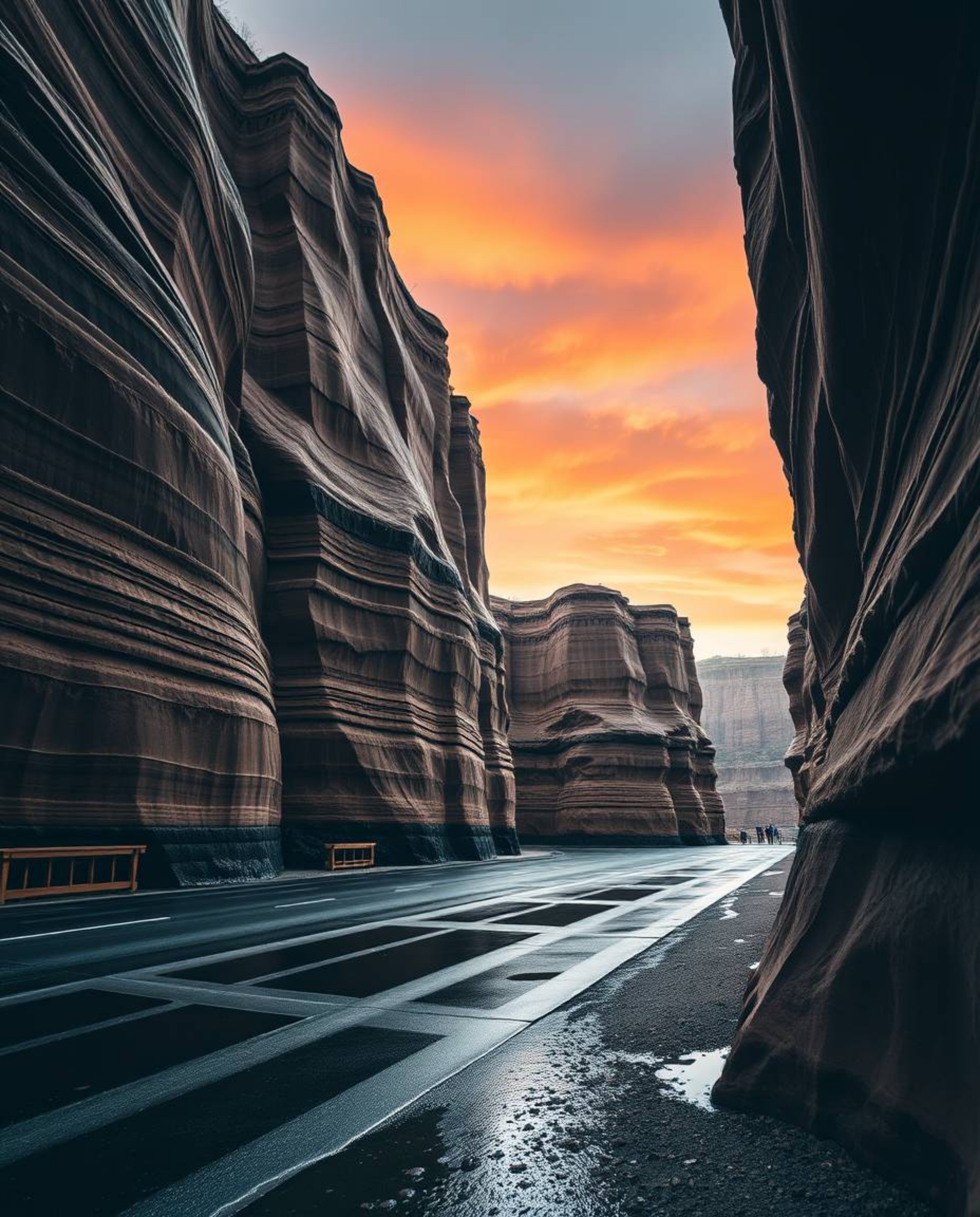 A precise architectural color photograph captures sandstone cliffs at sunset during a wet, rainy scene. This wide-angle shot 