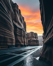 A precise architectural color photograph captures sandstone cliffs at sunset during a wet, rainy scene. This wide-angle shot 