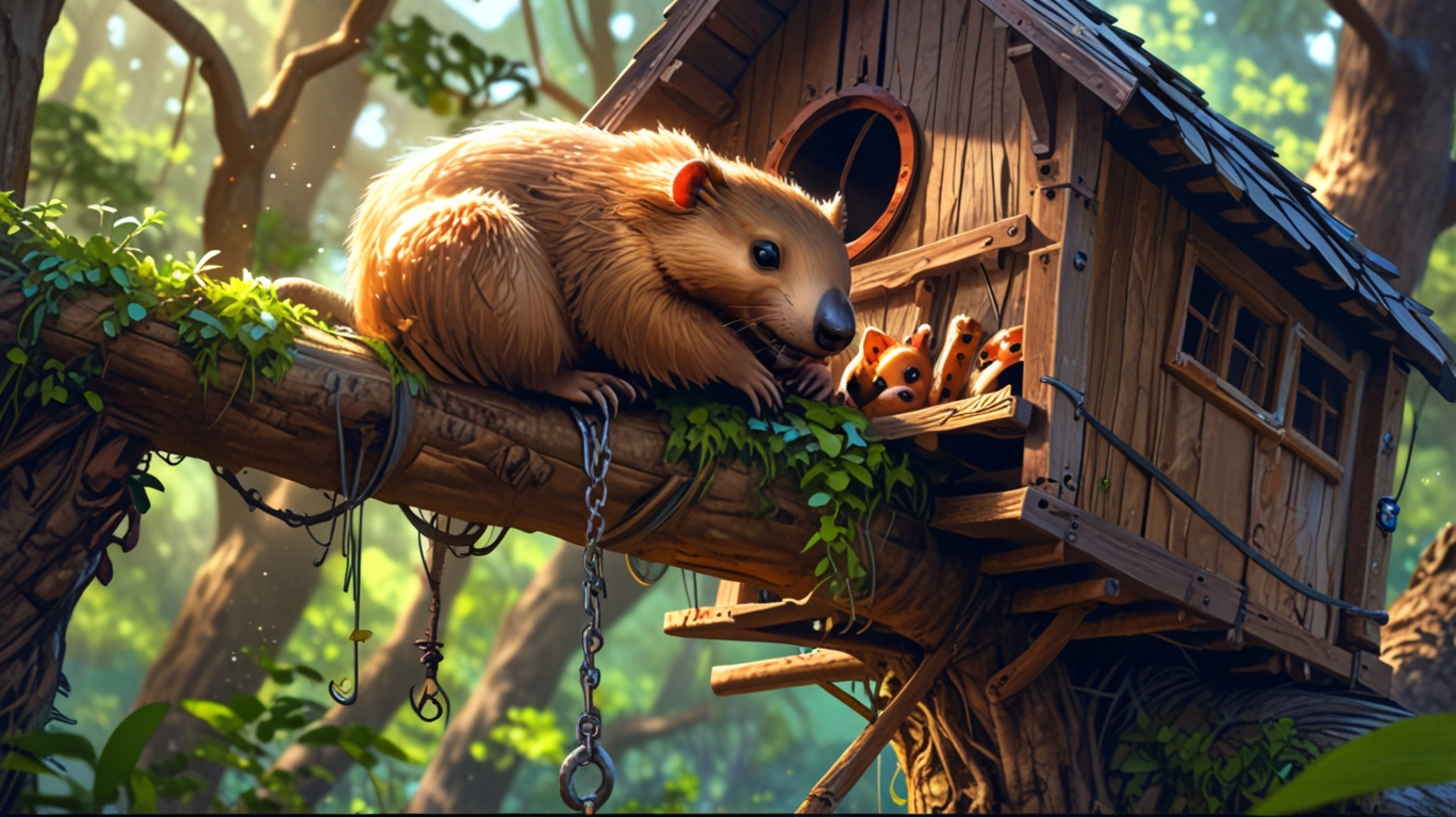 In a deeply tender scene, crafted with the emotional warmth of Pixar and the gentle aesthetic of anime, a nurturing beaver is