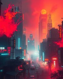 Immerse yourself in a futuristic cityscape where vibrant neon splashes illuminate a cyberpunk environment. Experience a soft,